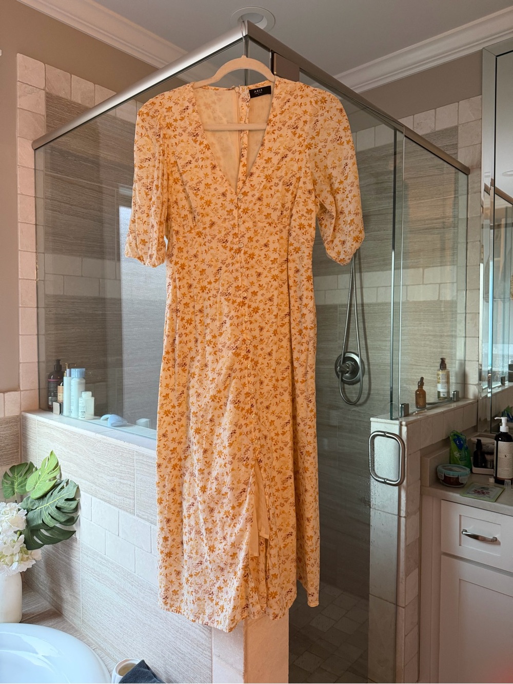 Able Yellow Floral Midi Dress with V-Neck